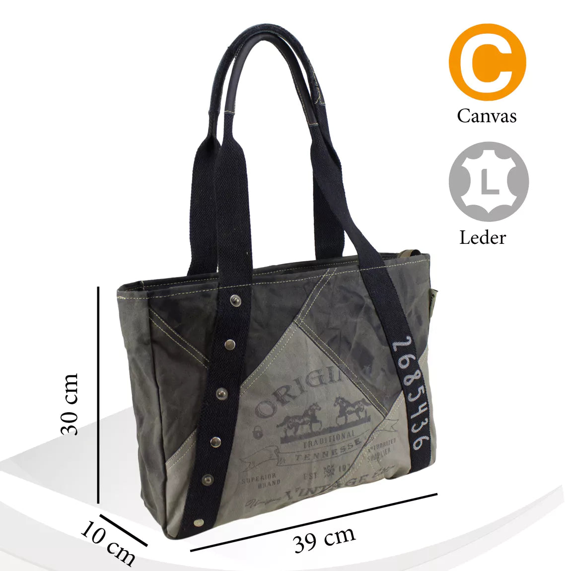 Sunsa Stone Washed Canvas - Grau-Schwarzer Shopper