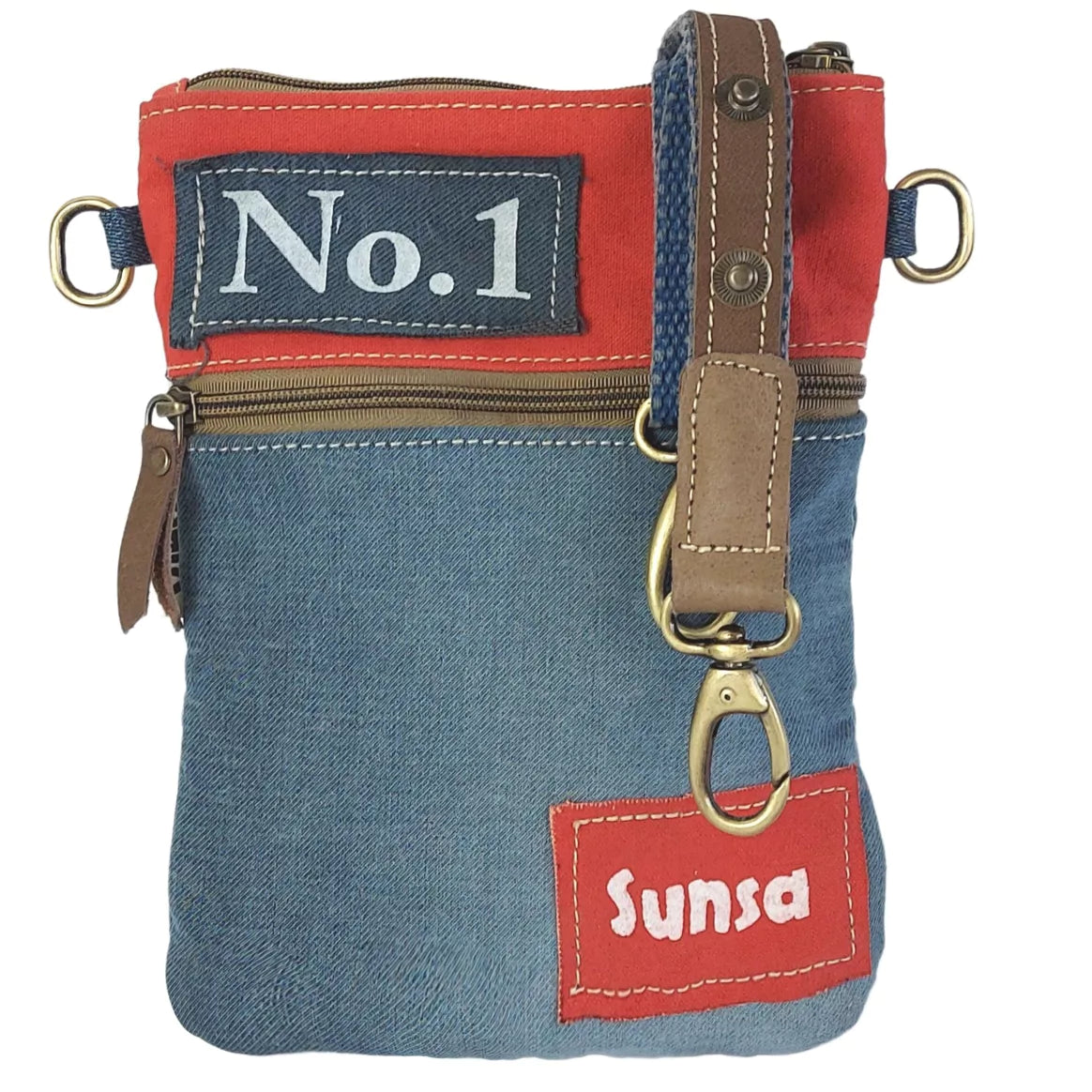 Sunsa Umhängetasche aus recycelter Jeans & Canvas rot/blau