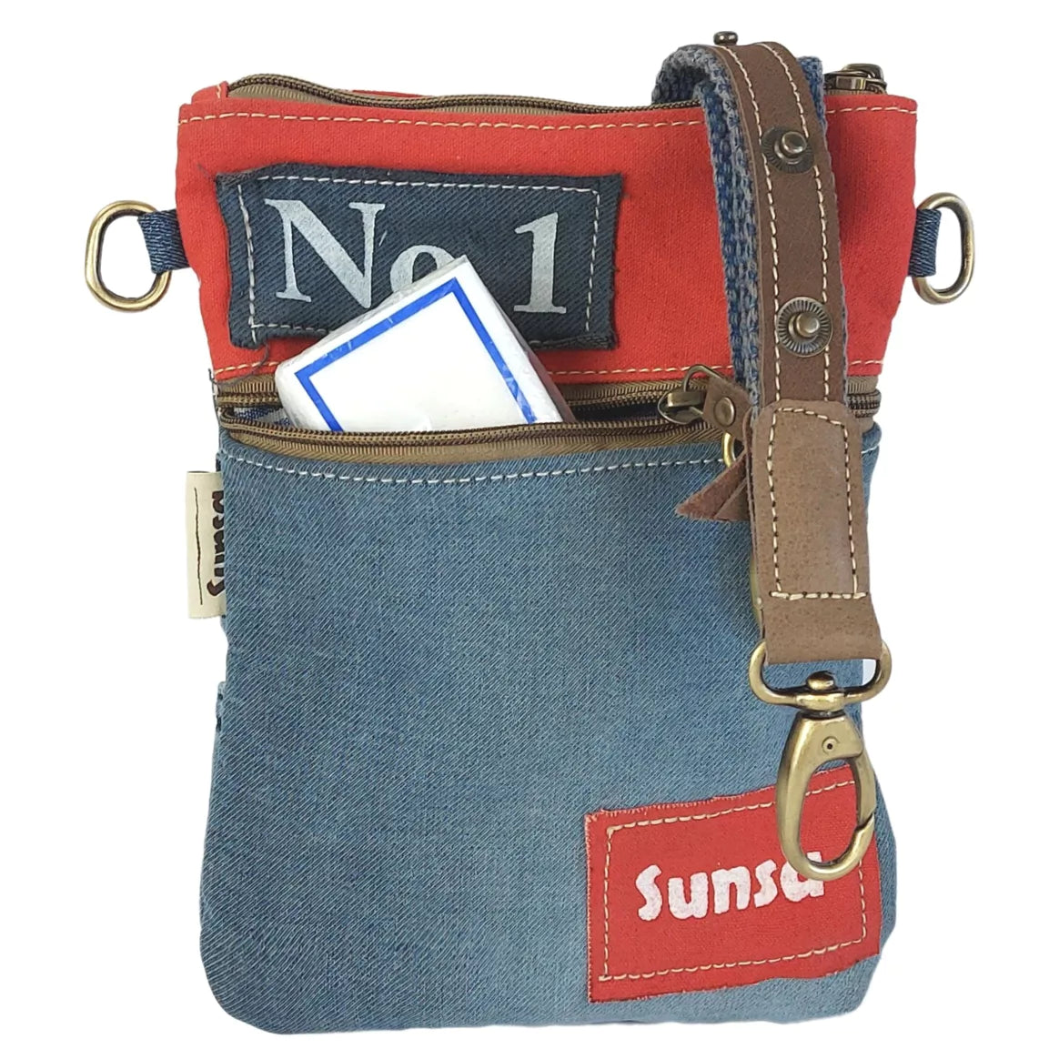 Sunsa Umhängetasche aus recycelter Jeans & Canvas rot/blau