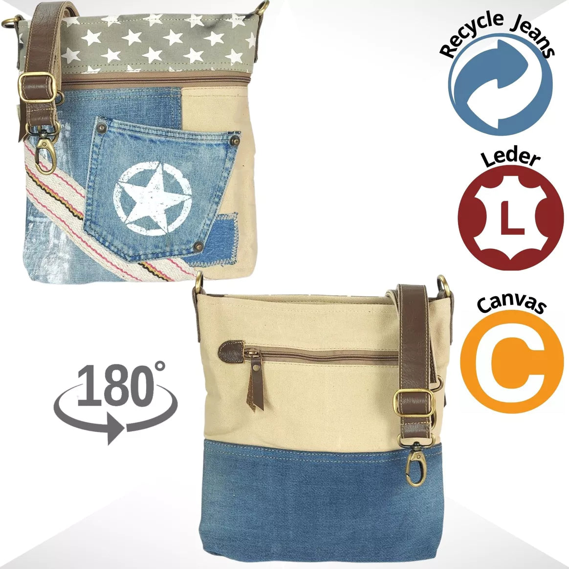 Sunsa Damen Umhängetasche aus recycelten Jeans & Canvas beige/blau