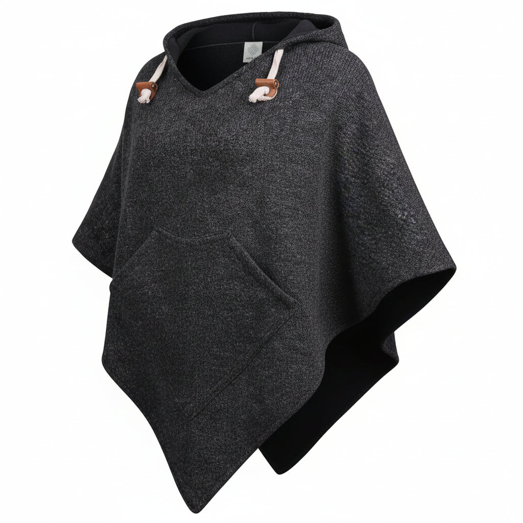 virblatt Wollponcho Damen schwarz mit Kapuze & Fleece-Innenseite – Schafswolle – Größe S/M