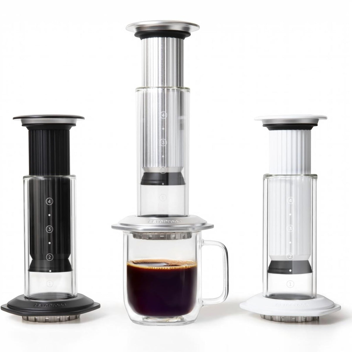 whb-superb AeroPress Premium Kaffeepresse aus Borosilikatglas und Edelstahl in Schwarz, Weiß und Silber