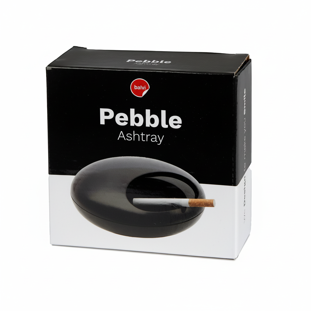 whb-superb Balvi Pebble Aschenbecher aus schwarzem Melamin mit Schiebedeckel in der Produktverpackung
