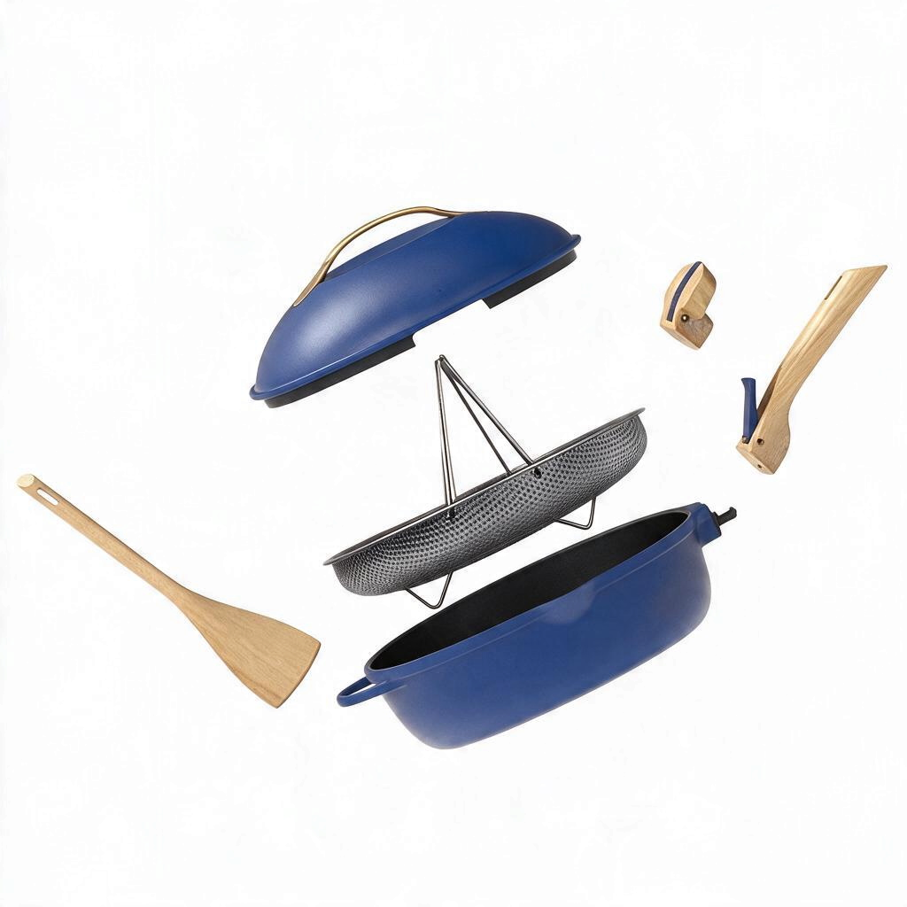 whb-superb COOKUT 8-in-1-Pfanne in Saphirblau mit Dampfkorb, abnehmbaren Griffen und Holzpfannenwender