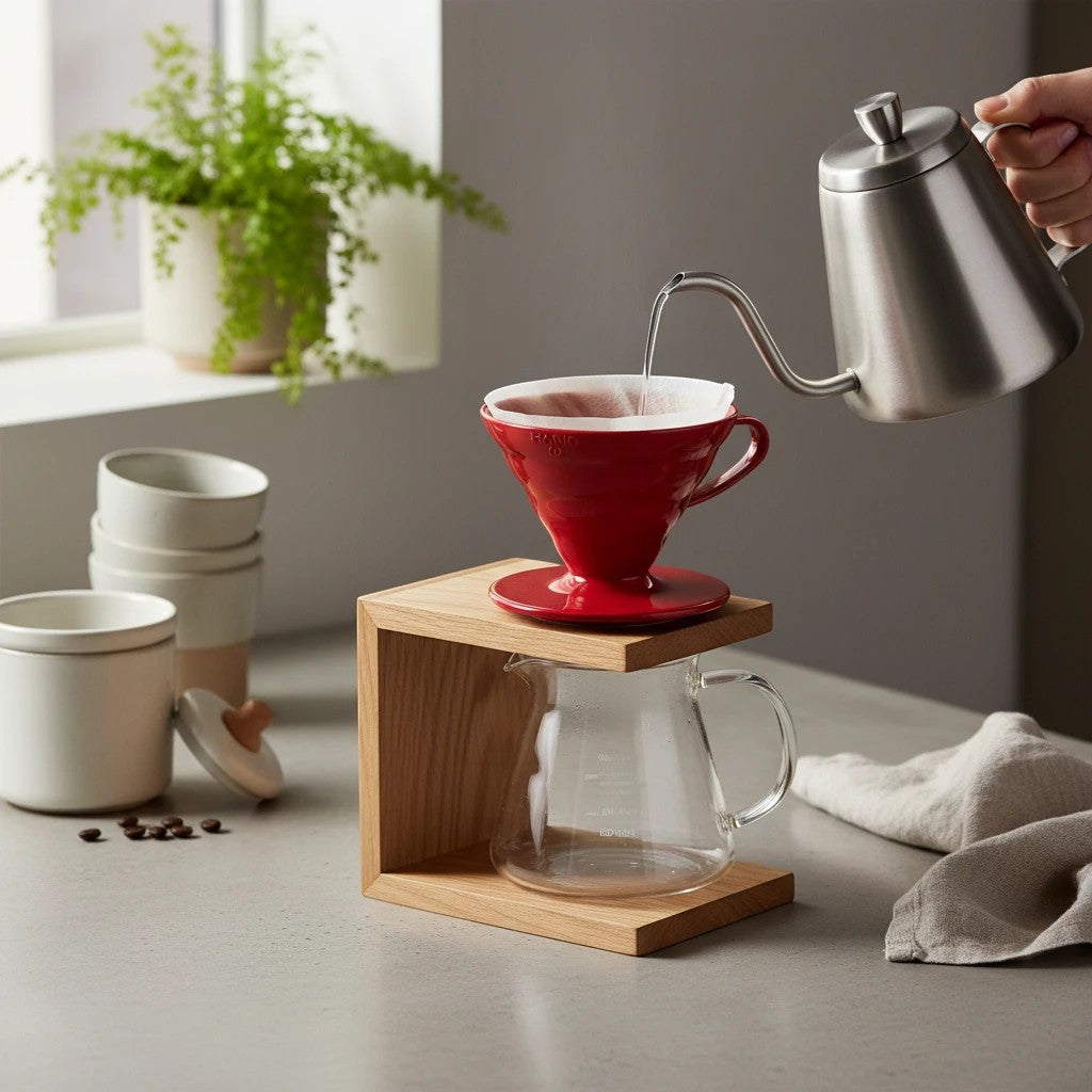 whb-superb HARIO V60 Kaffeefilter in Rot auf Holzständer mit Glaskanne beim Aufgießen von Filterkaffee