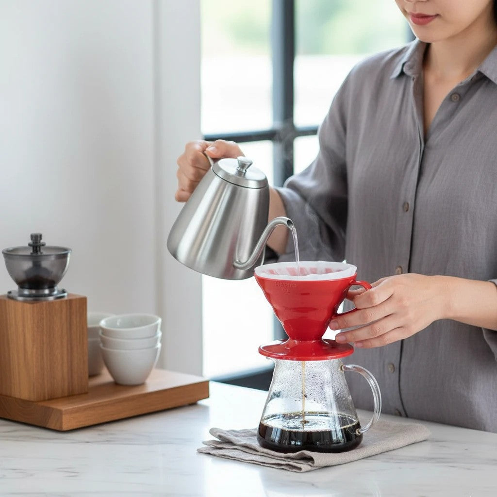 whb-superb HARIO V60 Keramik Kaffeefilter in Rot beim Aufgießen von Filterkaffee in eine Glaskaraffe