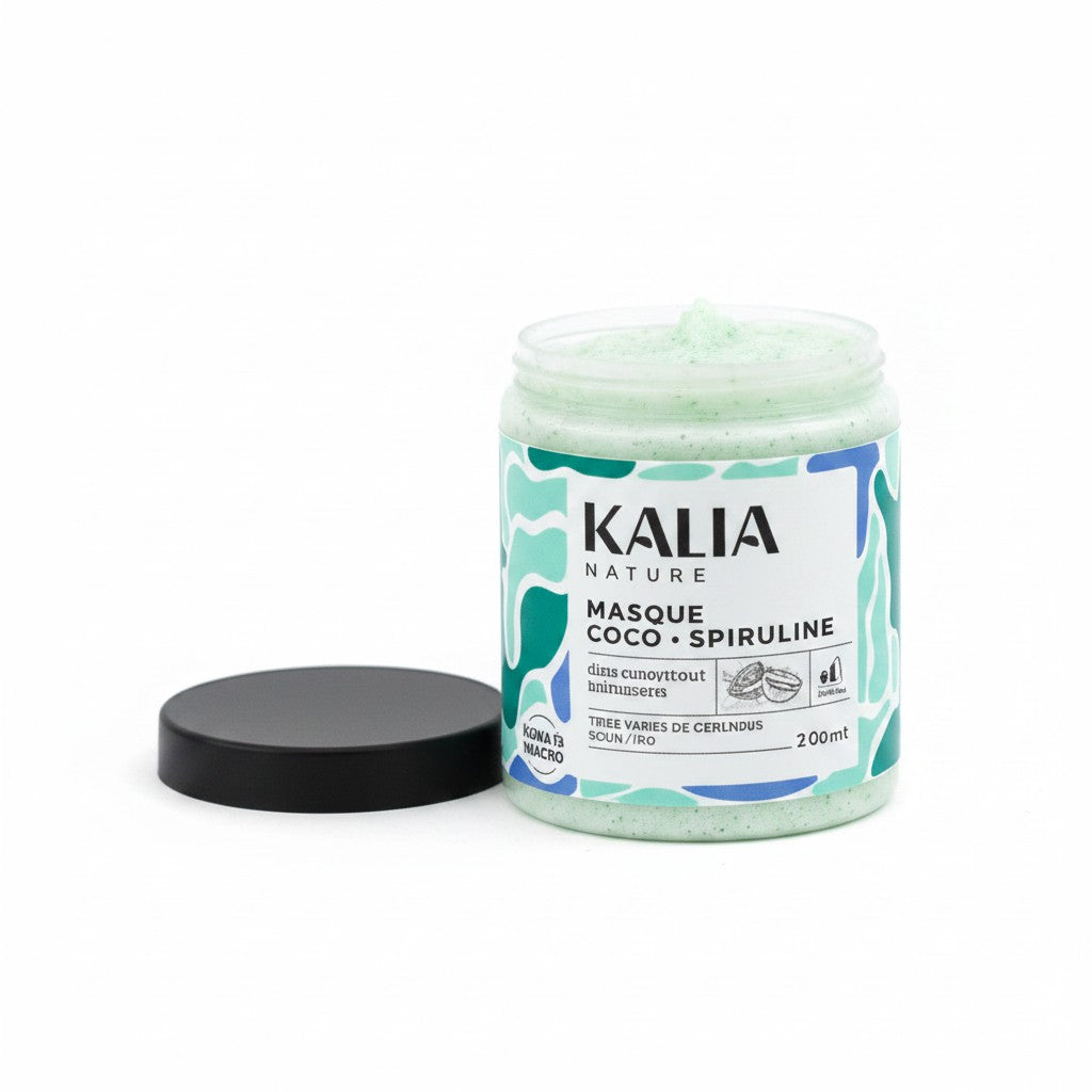 whb-superb Kalia Nature Coco-Spiruline Haarmaske in einem Tiegel mit grüner Textur und schwarzem Deckel
