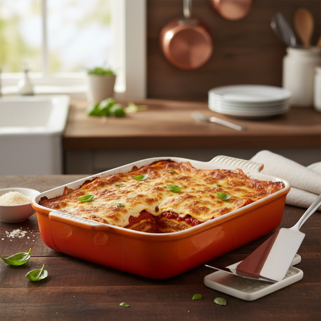 whb-superb Le Creuset rechteckige Auflaufform aus orangefarbenem Steinzeug mit frisch gebackener Lasagne in der Küche