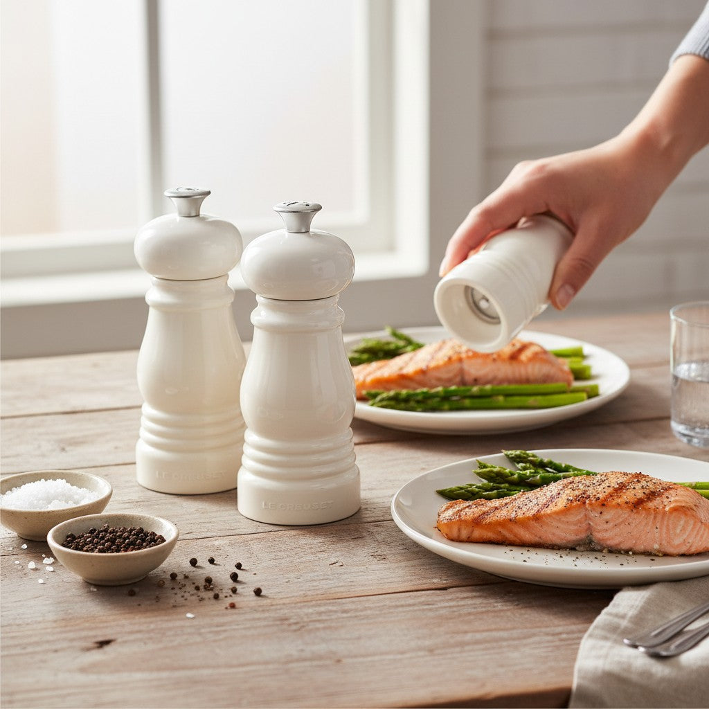 whb-superb Le Creuset Salz- und Pfeffermühle Set in Meringue auf einem Holztisch beim Würzen von Lachs