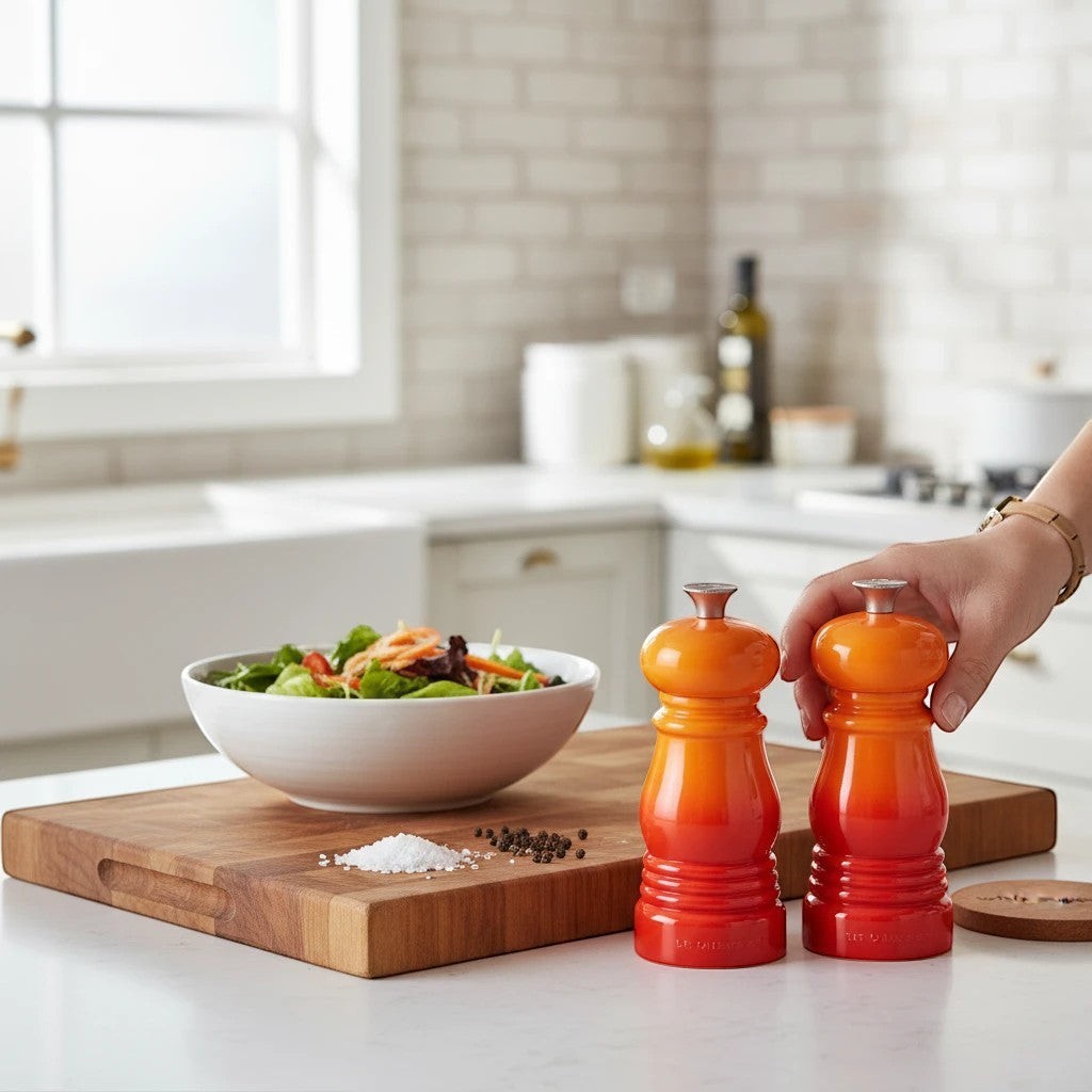 whb-superb Le Creuset Salz- und Pfeffermühlen-Set in Ofenrot aus ABS-Kunststoff mit Keramik-Mahlwerk auf Küchenbrett