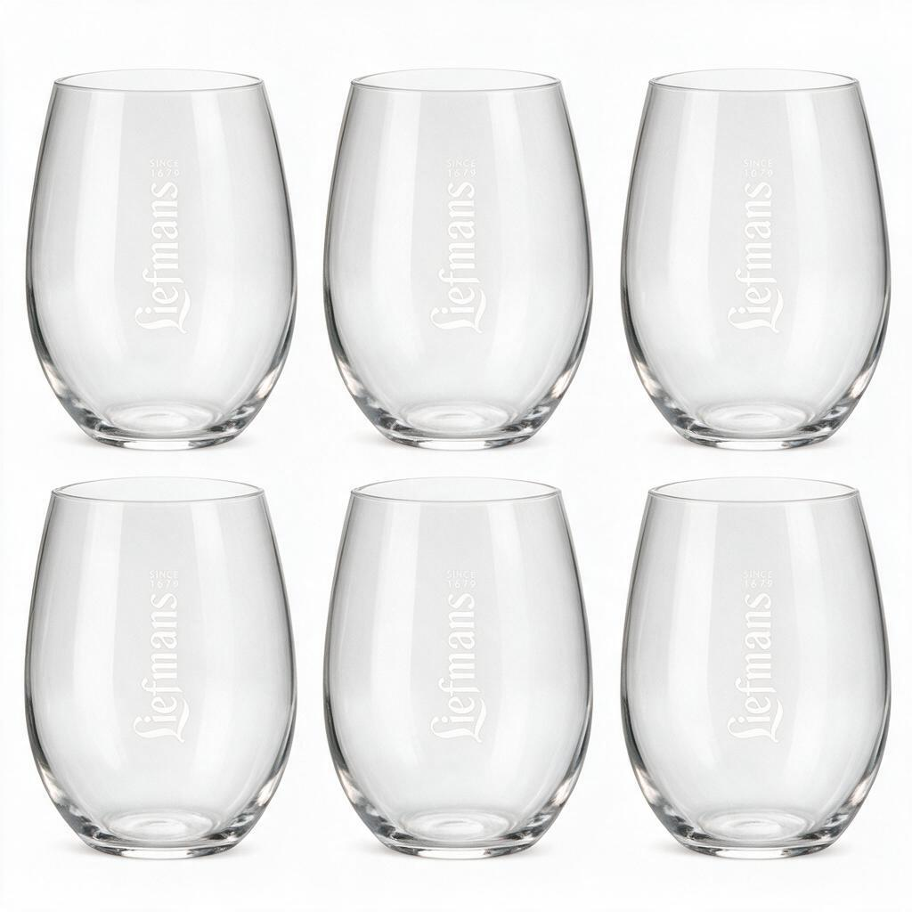 6er Set Liefmans On The Rocks Gläser aus klarem Glas mit weißem Logo für belgisches Fruchtbier
