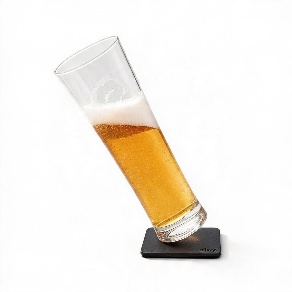 whb-superb silwy Magnet-Bierglas aus Kristall mit Nano-Gel-Untersetzer in schräger Position auf weißem Hintergrund