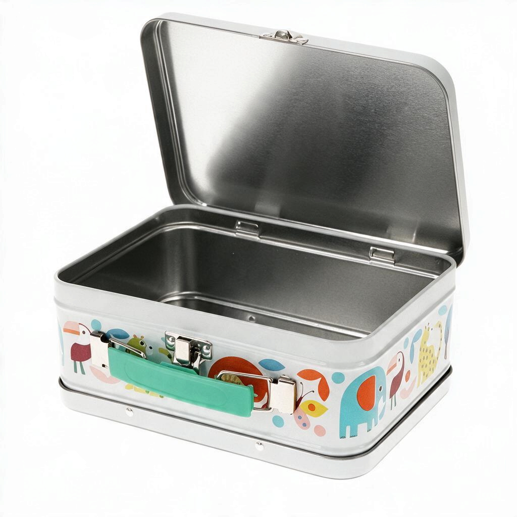 whb-superb Metallköfferchen Wild Wonders mit Dschungel-Tier-Motiv und grünem Griff, geöffneter Aufbewahrungskoffer