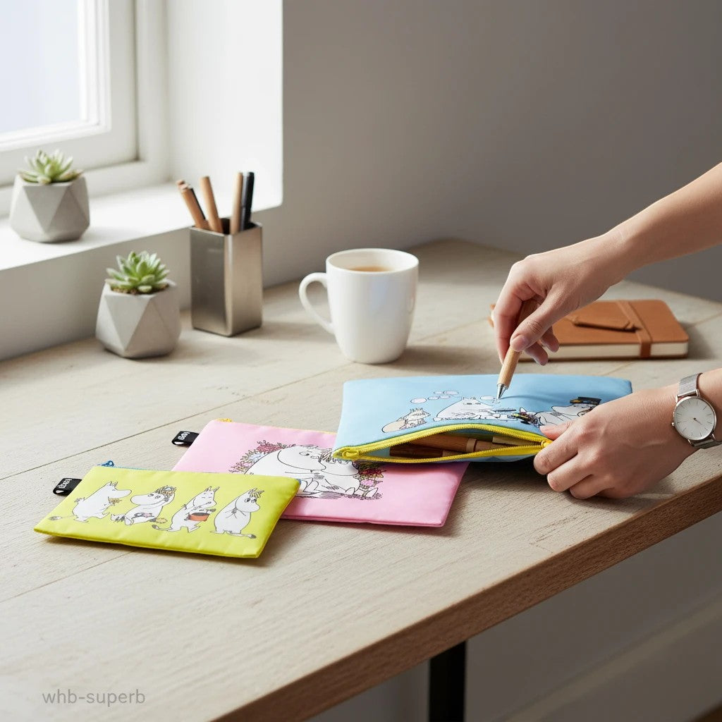 whb-superb Moomin Kosmetiktaschen in Gelb, Rosa und Blau aus recyceltem Material auf einem Holztisch