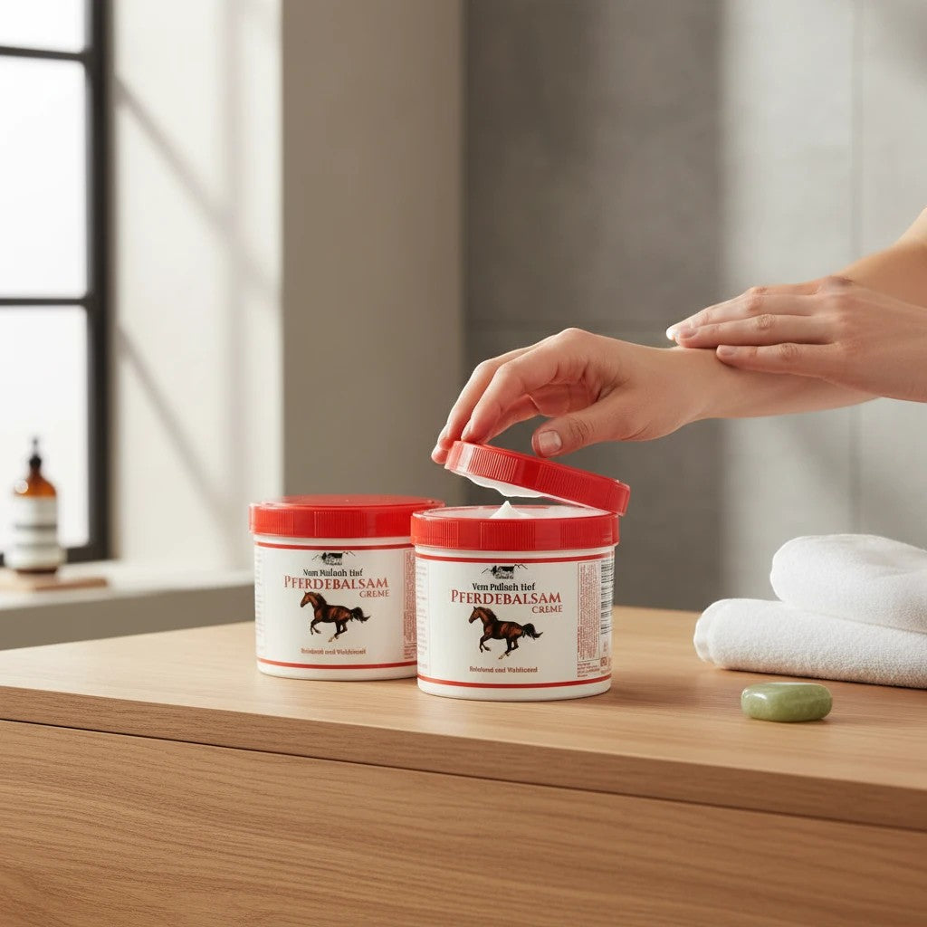 whb-superb Pullach Hof Pferdebalsam Creme in zwei Dosen auf Holztisch, Hand trägt kühlende Pflege auf Haut auf