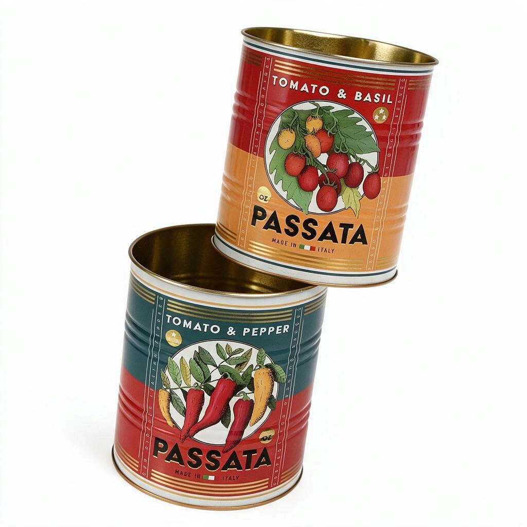 Zwei stapelbare whb-superb Rex London Vorratsdosen aus Metall im Retro-Design mit Passata-Motiv für die Küche
