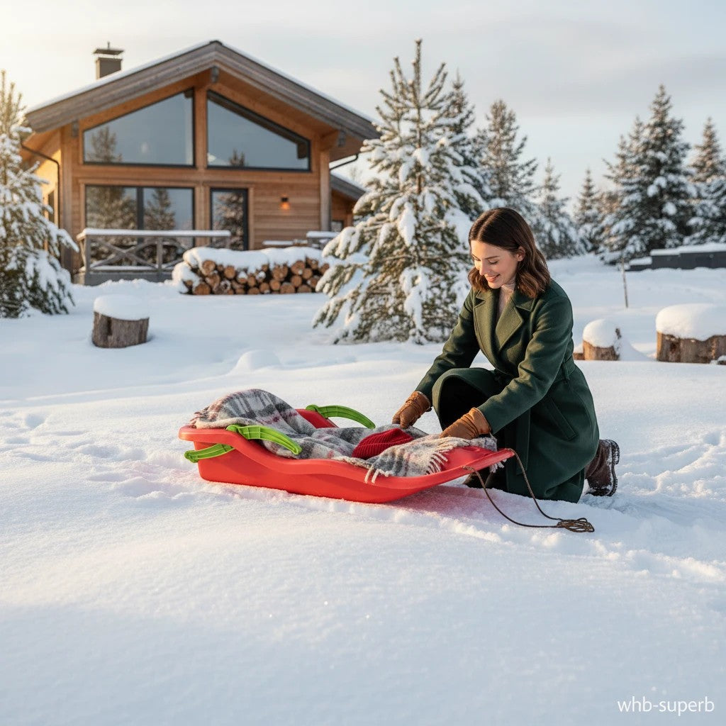 whb-superb roter Kunststoff-Bob Schlitten Race mit Bremshebeln, bereit für den Winterspaß im Schnee vor einer Hütte.