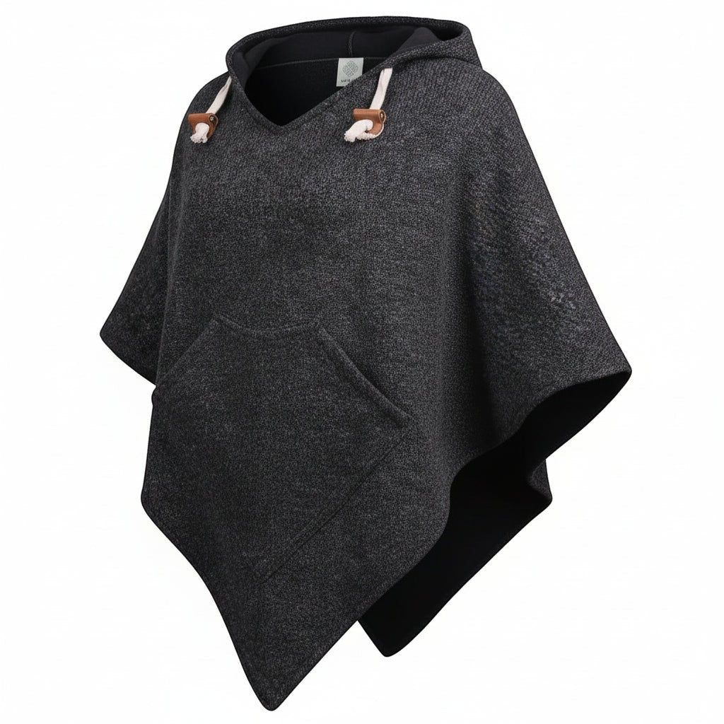 whb-superb virblatt Damen Wollponcho in Schwarz mit Kapuze, Kängurutasche und weichem Polar-Fleece Innenfutter
