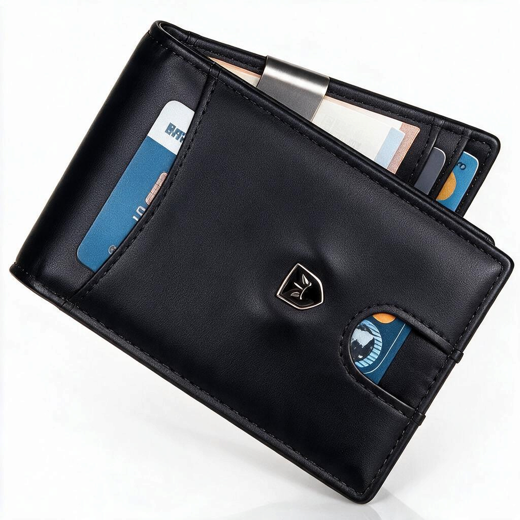 Schwarzes whb-superb Kronenschein Slim Wallet aus Kunstleder mit Geldklammer, Münzfach und RFID-Schutz