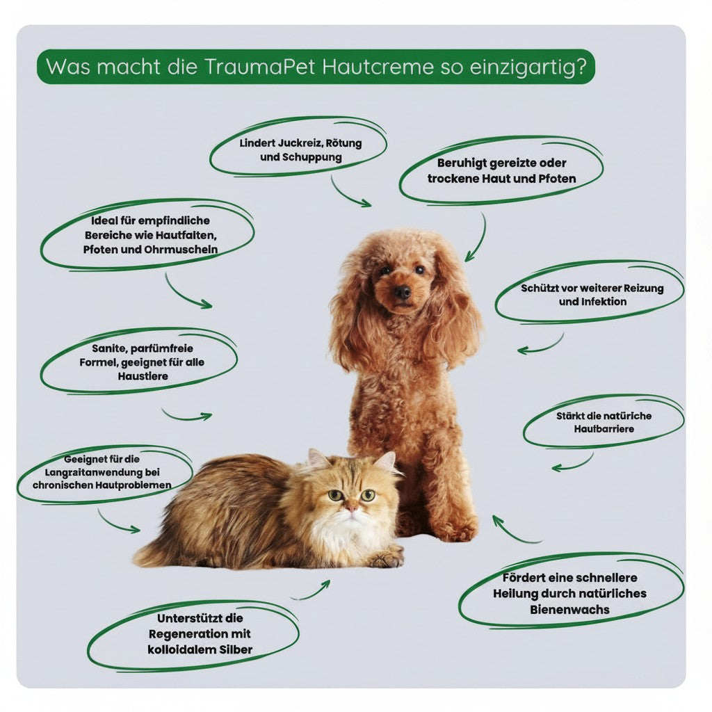 whb-superb TraumaPet Hautcreme Infografik mit Hund und Katze zur Linderung von Juckreiz und Hautirritationen