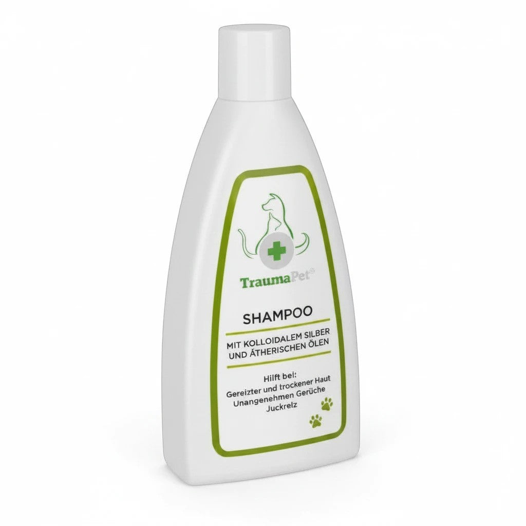 whb-superb TraumaPet Shampoo für Hunde und Katzen mit kolloidalem Silber für empfindliche Haut in weißer Flasche