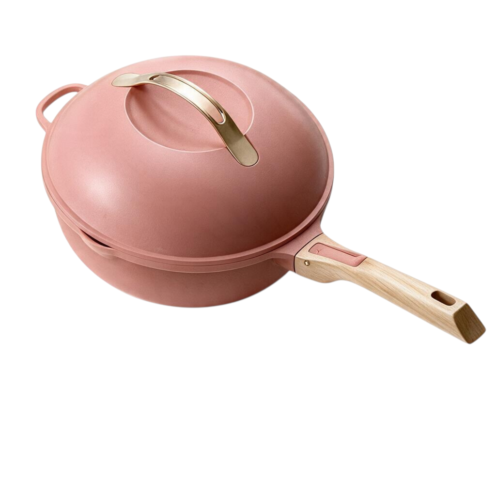 whb-superb COOKUT 8-in-1 Pfanne 24 cm in Pivoine Rosa mit abnehmbarem Holzgriff und passendem Deckel