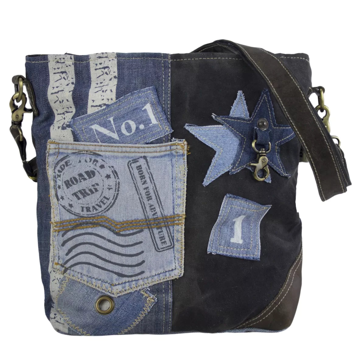 Sunsa Damen Umhängetasche aus recycelter Jeans, Canvas & Leder