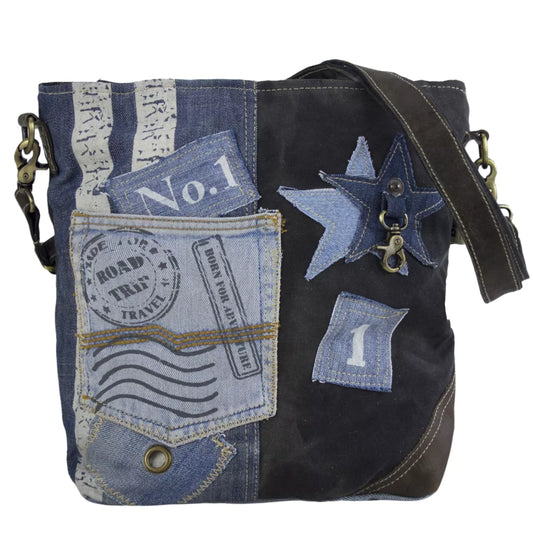Sunsa Damen Umhängetasche aus recycelter Jeans, Canvas & Leder
