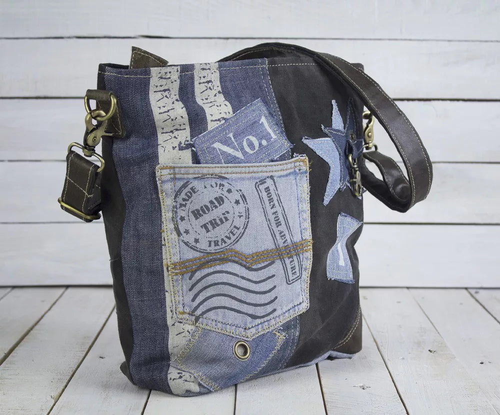 Sunsa Damen Umhängetasche aus recycelter Jeans, Canvas & Leder