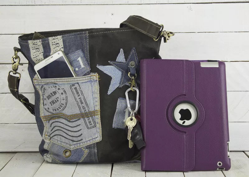 Sunsa Damen Umhängetasche aus recycelter Jeans, Canvas & Leder