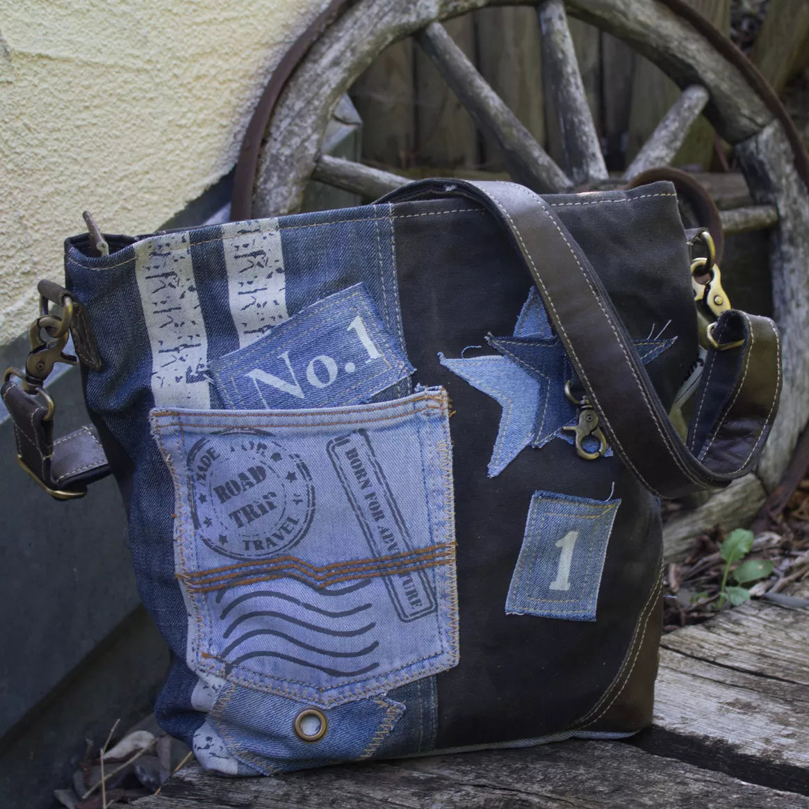 Sunsa Damen Umhängetasche aus recycelter Jeans, Canvas & Leder