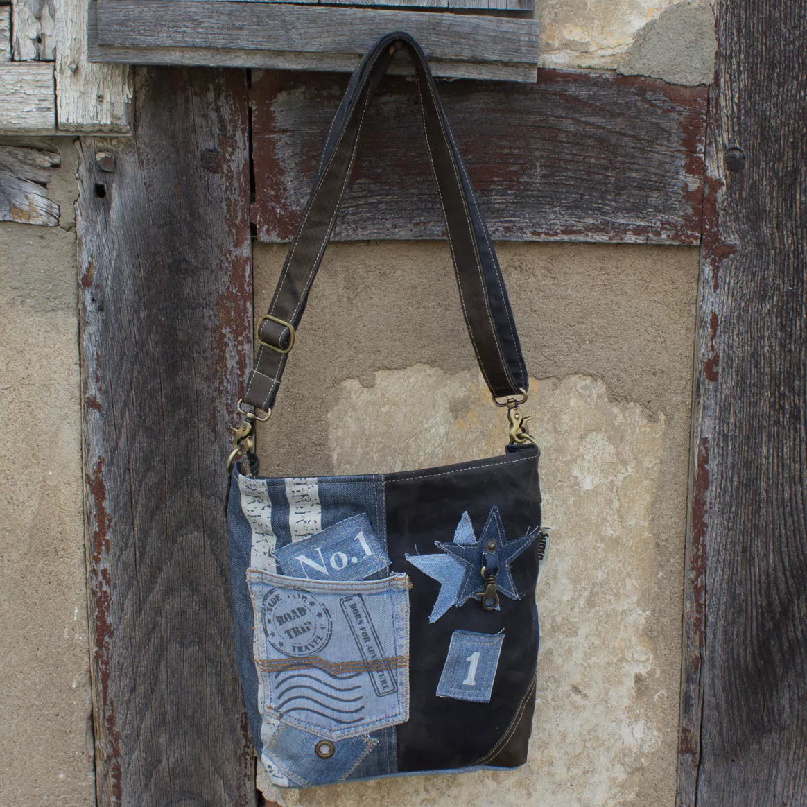 Sunsa Damen Umhängetasche aus recycelter Jeans, Canvas & Leder