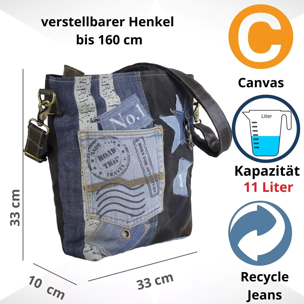 Sunsa Damen Umhängetasche aus recycelter Jeans, Canvas & Leder