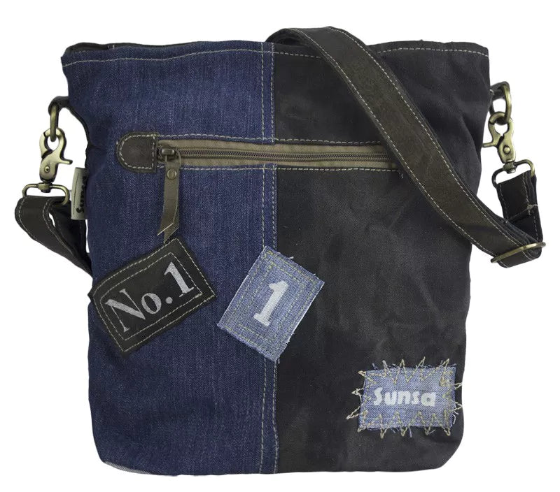 Sunsa Damen Umhängetasche aus recycelter Jeans, Canvas & Leder