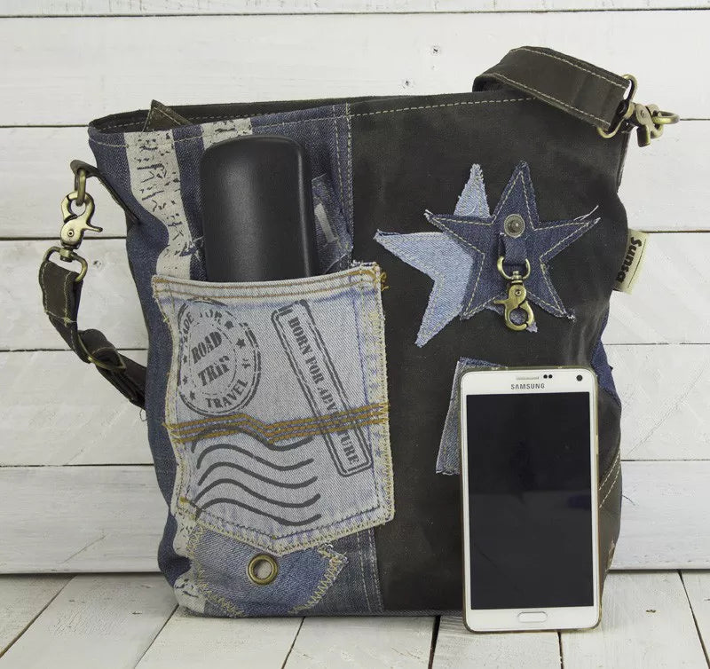 Sunsa Damen Umhängetasche aus recycelter Jeans, Canvas & Leder