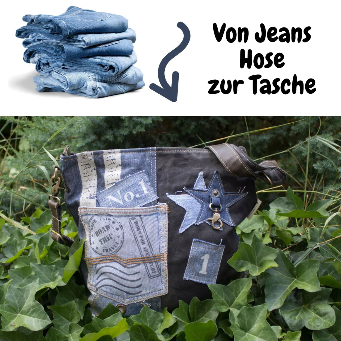 Sunsa Damen Umhängetasche aus recycelter Jeans, Canvas & Leder