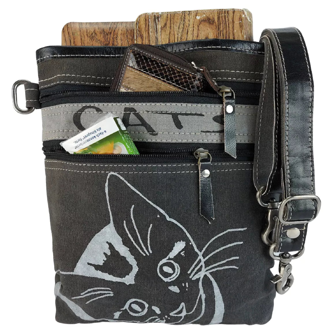 Sunsa Upcycling Damen Umhängetasche - Katzenmotiv