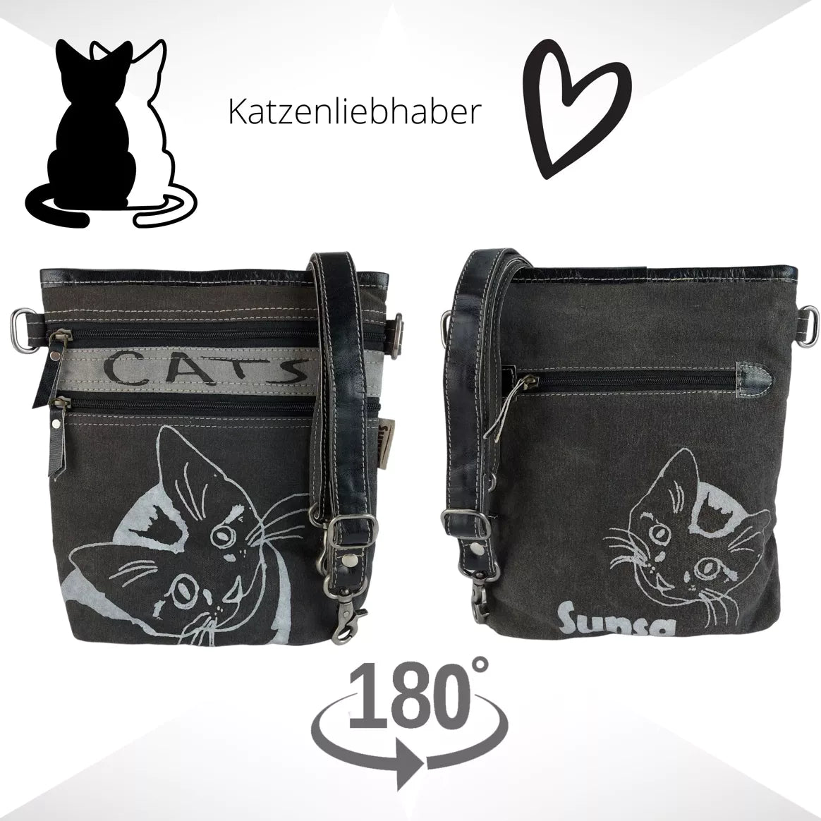 Sunsa Upcycling Damen Umhängetasche - Katzenmotiv