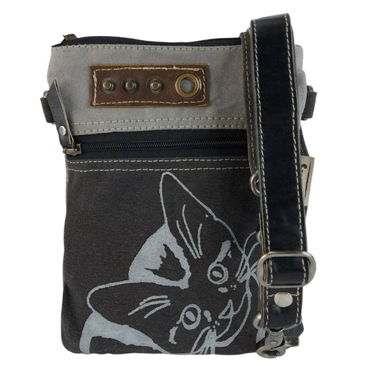 Sunsa Damen Umhängetasche aus Canvas und Leder, Katzenmotiv