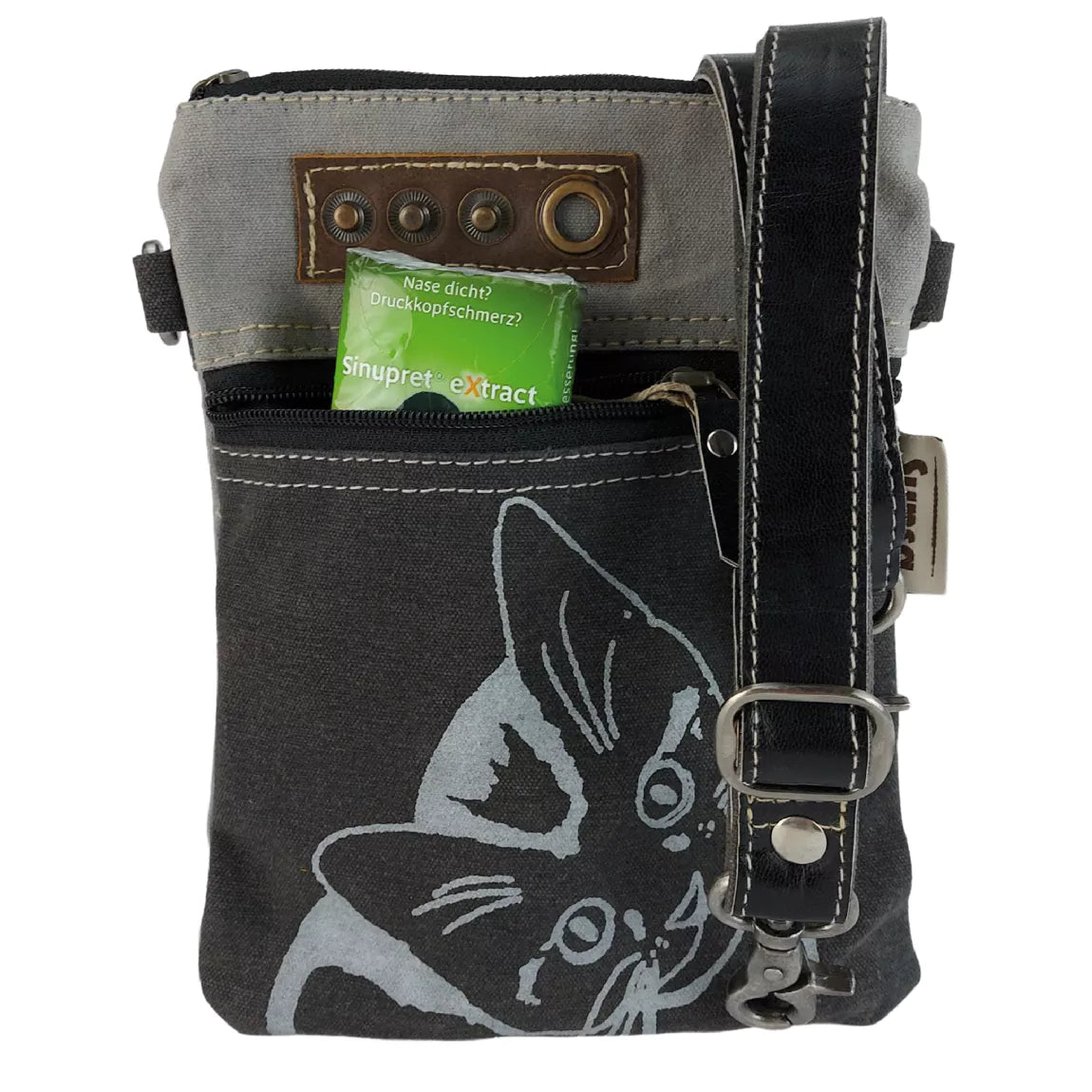 Sunsa Damen Umhängetasche aus Canvas und Leder, Katzenmotiv
