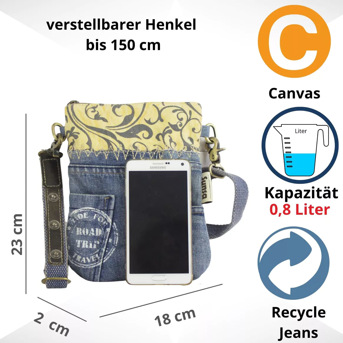Sunsa Damen Umhängetasche aus Canvas & Recycelten Jeans