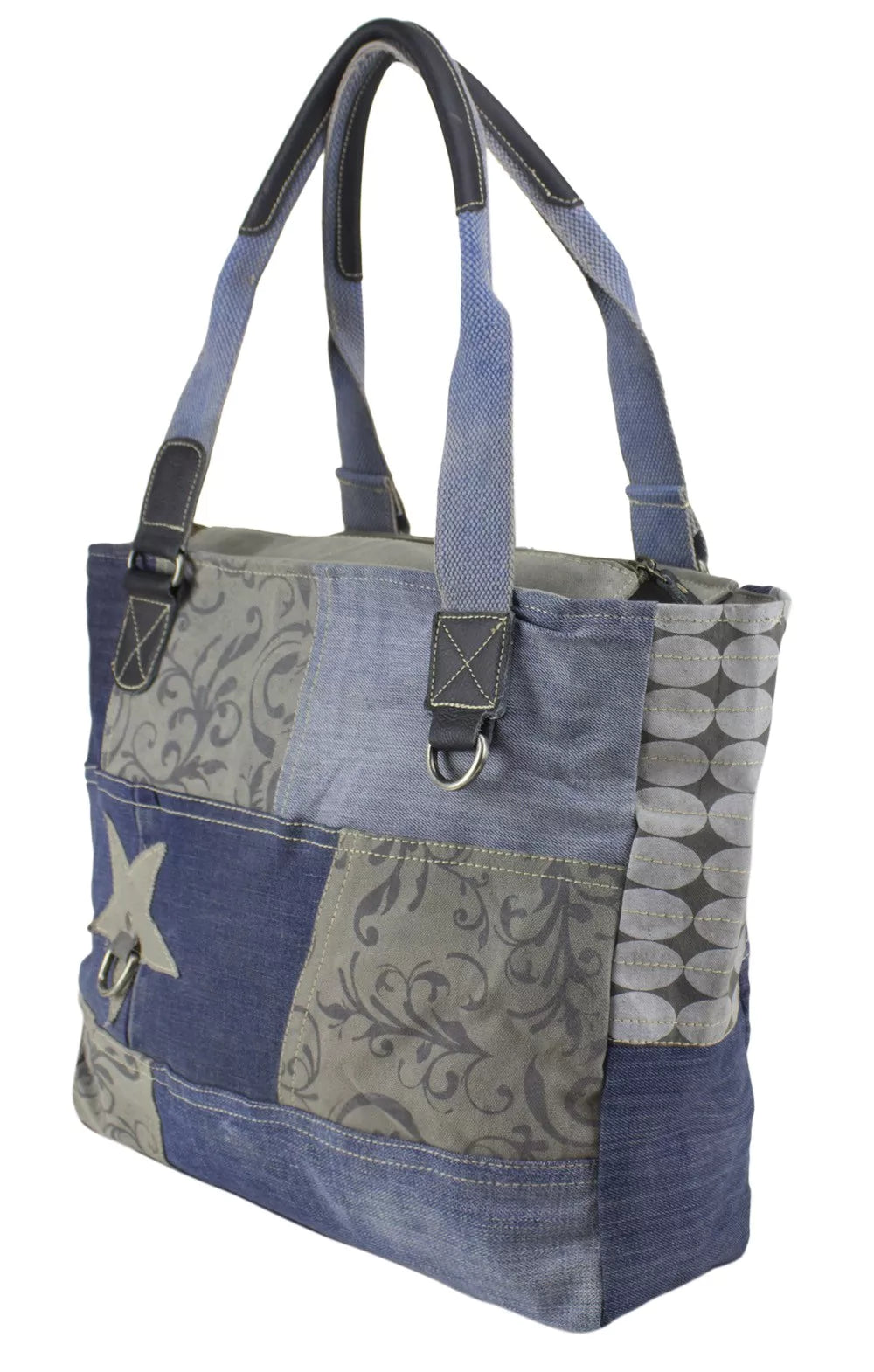 Sunsa Damen Handtasche Shopper Patchwork Design blau/grau