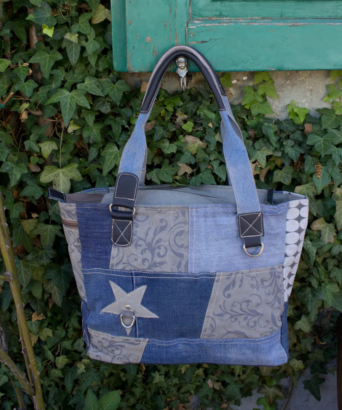 Sunsa Damen Handtasche Shopper Patchwork Design blau/grau