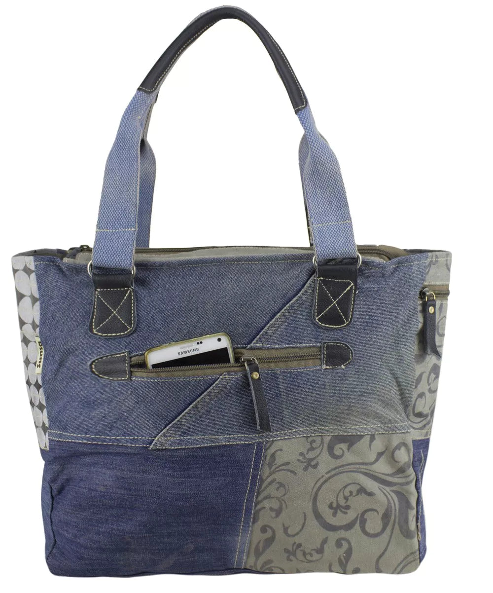Sunsa Damen Handtasche Shopper Patchwork Design blau/grau