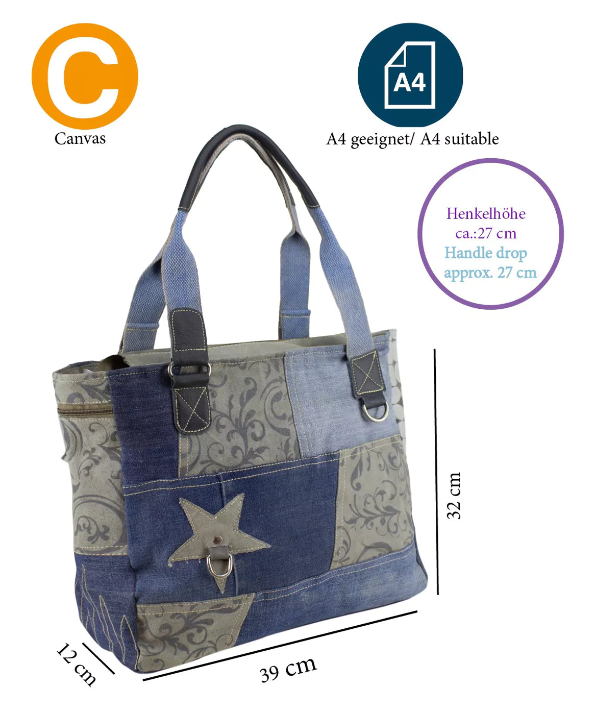 Sunsa Damen Handtasche Shopper Patchwork Design blau/grau