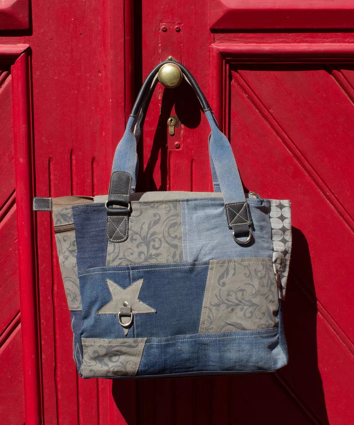 Sunsa Damen Handtasche Shopper Patchwork Design blau/grau