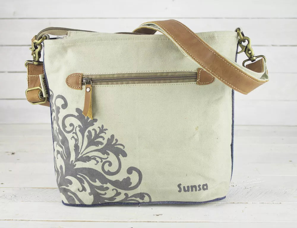 Sunsa Umhängetasche aus recycelten Jeans und Canvas beige/blau