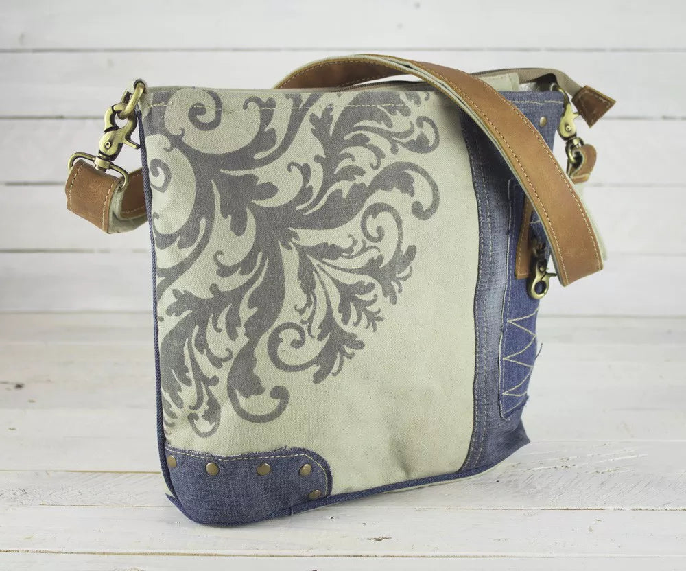 Sunsa Umhängetasche aus recycelten Jeans und Canvas beige/blau