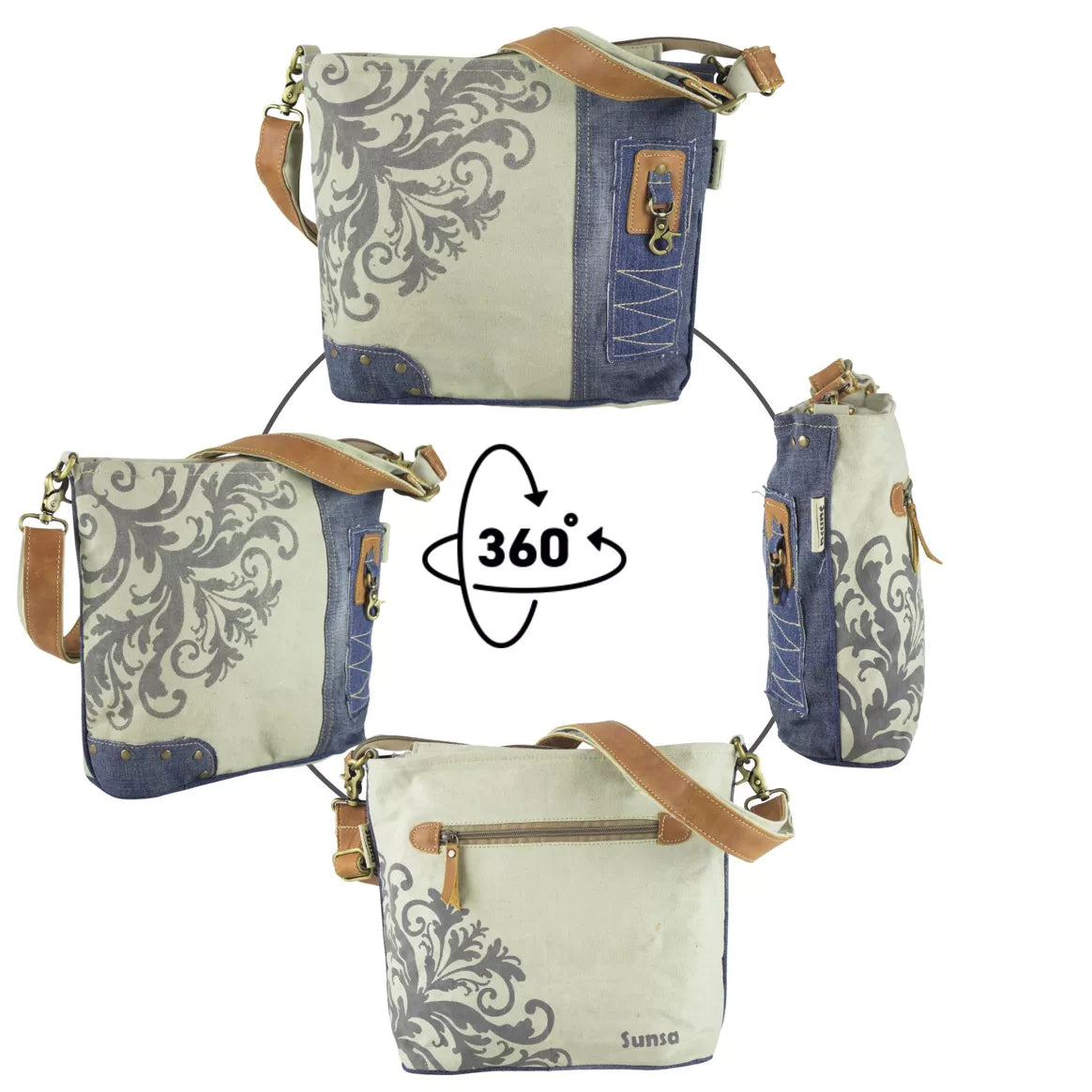 Sunsa Umhängetasche aus recycelten Jeans und Canvas beige/blau