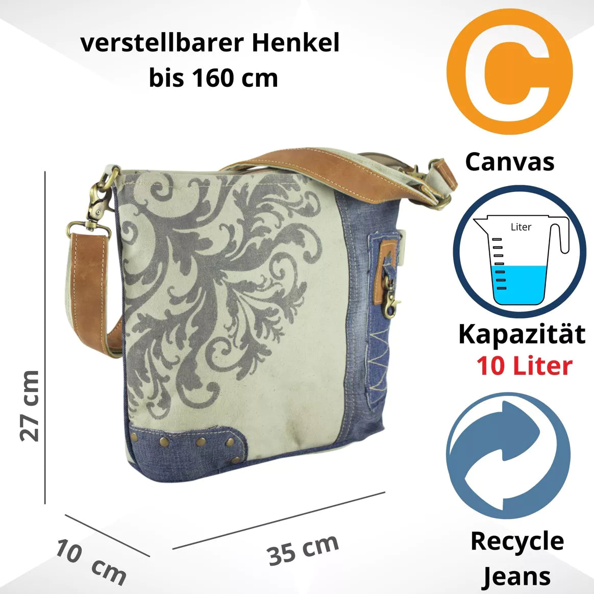 Sunsa Umhängetasche aus recycelten Jeans und Canvas beige/blau